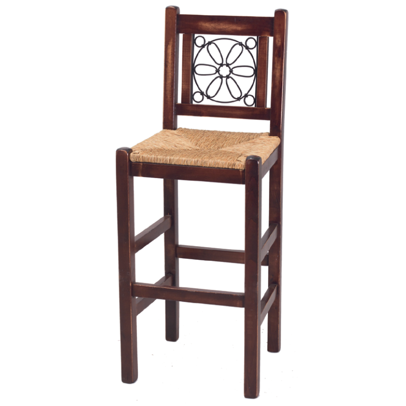 Holz-Barhocker mit Binsengeflecht-Sitz - S2