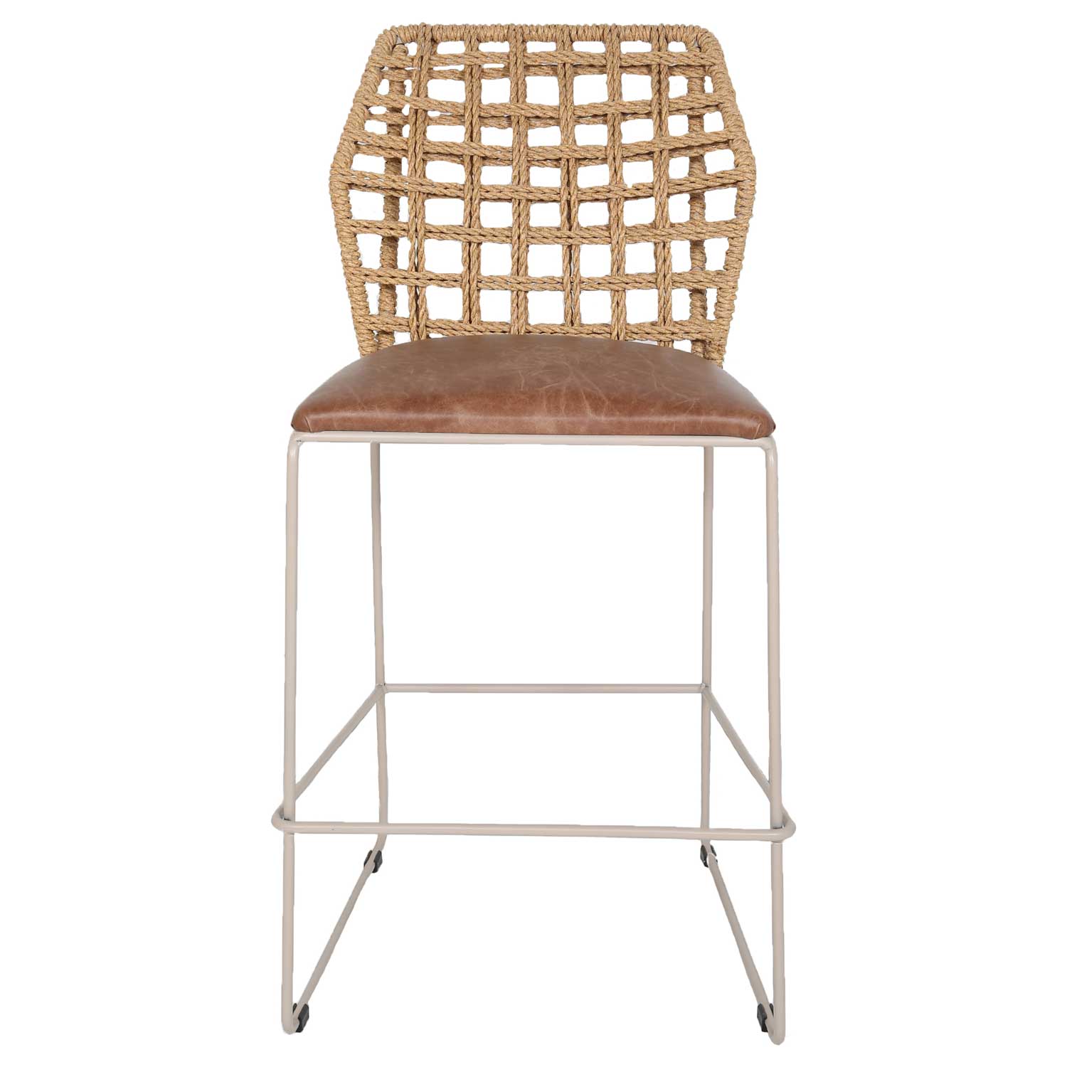 Barhocker mit Flechtwerk-Rückenlehne und Ledersitz - MS102P