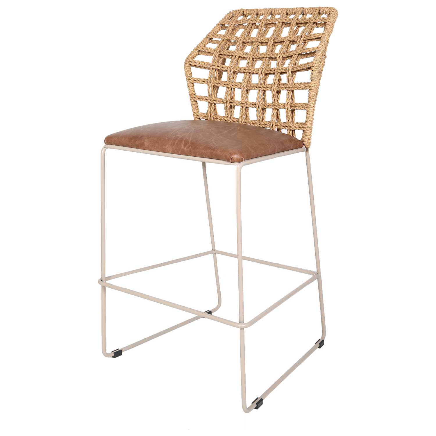 Barhocker mit Flechtwerk-Rückenlehne und Ledersitz - MS102P